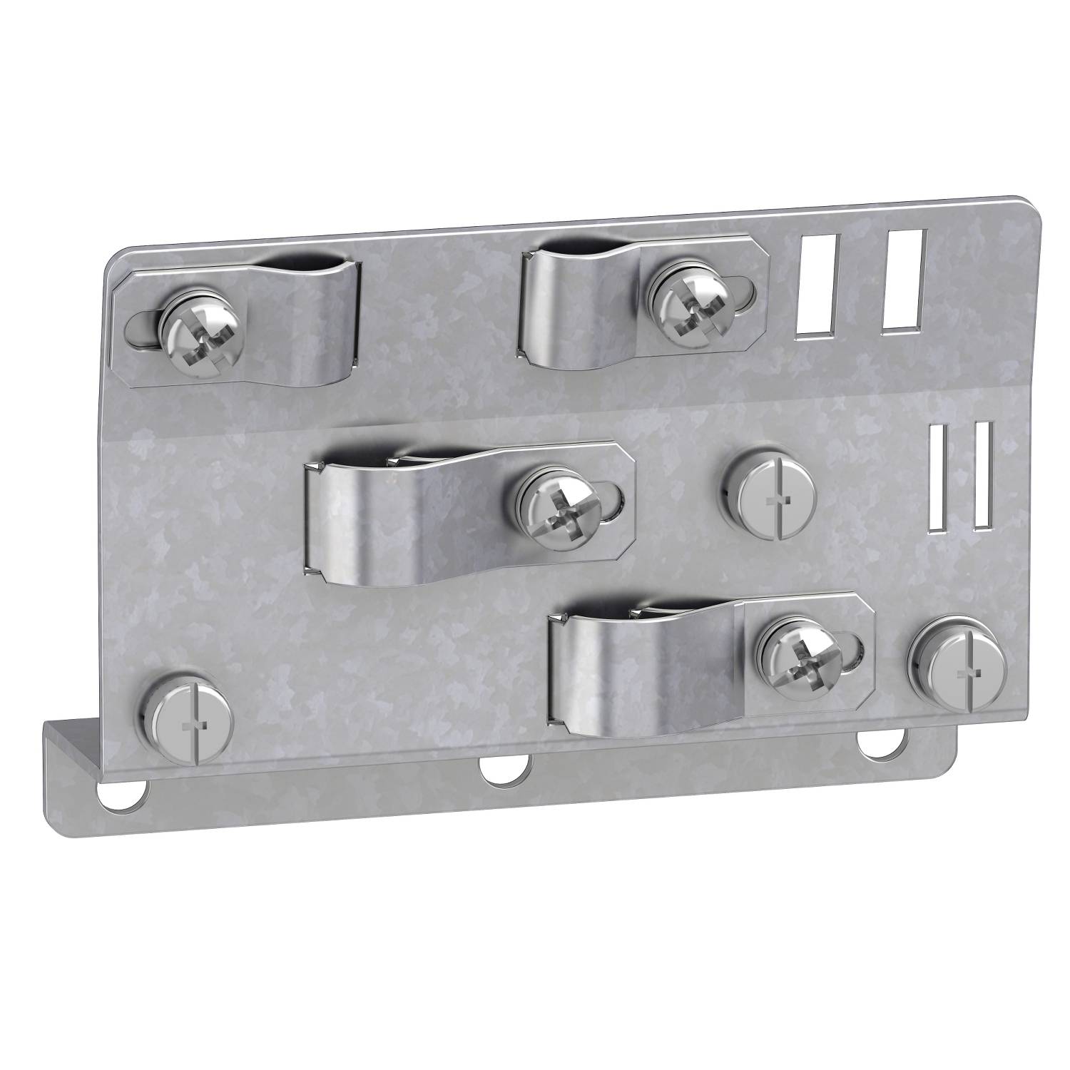 Eine silberne Metallbefestigungsplatte mit mehreren Schraubbefestigungen und Öffnungen zur Kabel- oder Rohrführung.