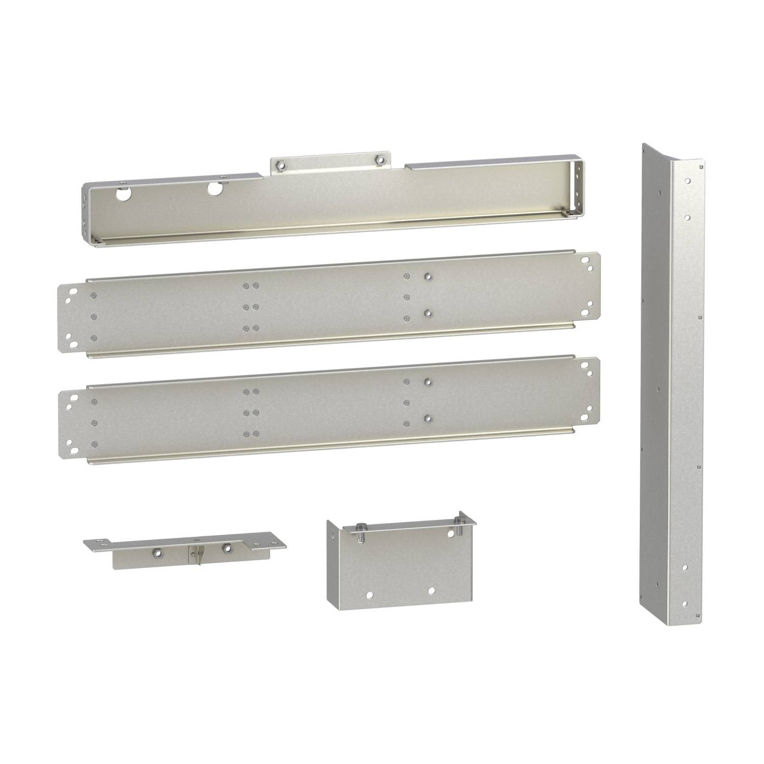Metallteile in verschiedenen Formen und Größen, vermutlich Bauteile für einen Montage- oder Konstruktionsprozess.