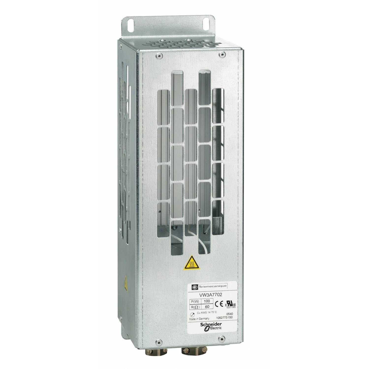 Ein rechteckiger, metallischer Entstörfilter von Schneider Electric mit Lüftungsschlitzen und einem Warnsymbol für hohe Spannung.