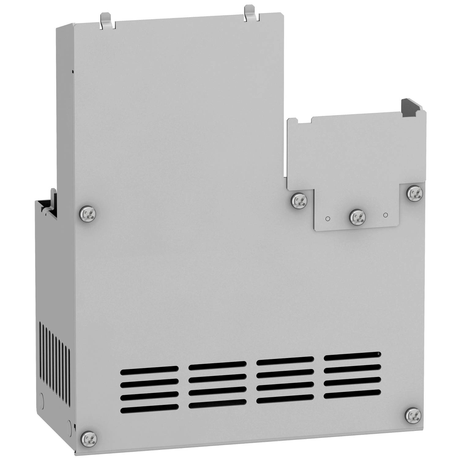 Ein graues, rechteckiges elektronisches Gerät mit Lüftungsschlitzen und befestigten Schrauben, die eine Abdeckung halten.