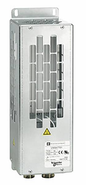 Metallgehäuse mit Lüftungsschlitzen und einem Warnsymbol für elektrischen Strom. Geeignet zum Schutz von elektrischen Komponenten.