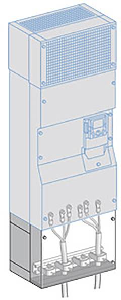 Zeichnung eines elektrischen Verteilerschrankes mit abgebildeten Kabelanschlüssen und Sicherungskasten, seitliche Ansicht.