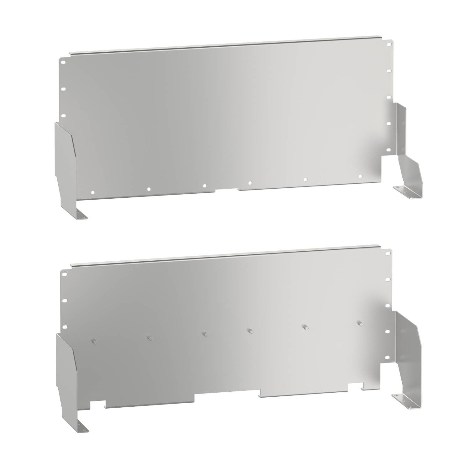 Zwei identische Metallplatten mit abgerundeten Kanten und mehreren Befestigungspunkten. Jede Platte hat zwei seitliche Stützen.