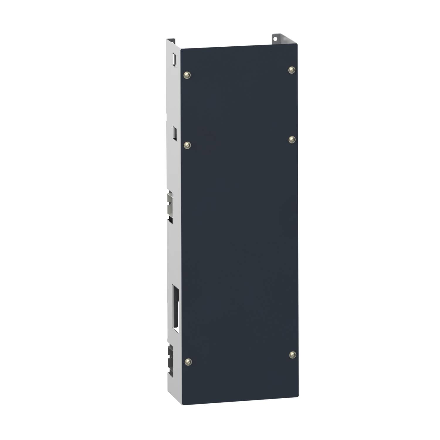 Server-Gehäuse in schwarzer Farbe, schmal und hoch, mit mehreren Anschlüssen auf der Seite. Geeignet für IT-Infrastrukturen.