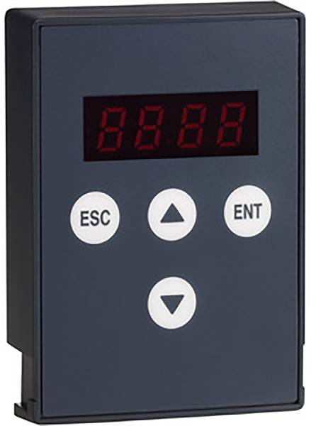 Ein digitales Anzeigegerät mit LED-Display zeigt die Zahl 8888. Drei Tasten darunter: 'ESC', ein Pfeil nach oben und 'ENT'.