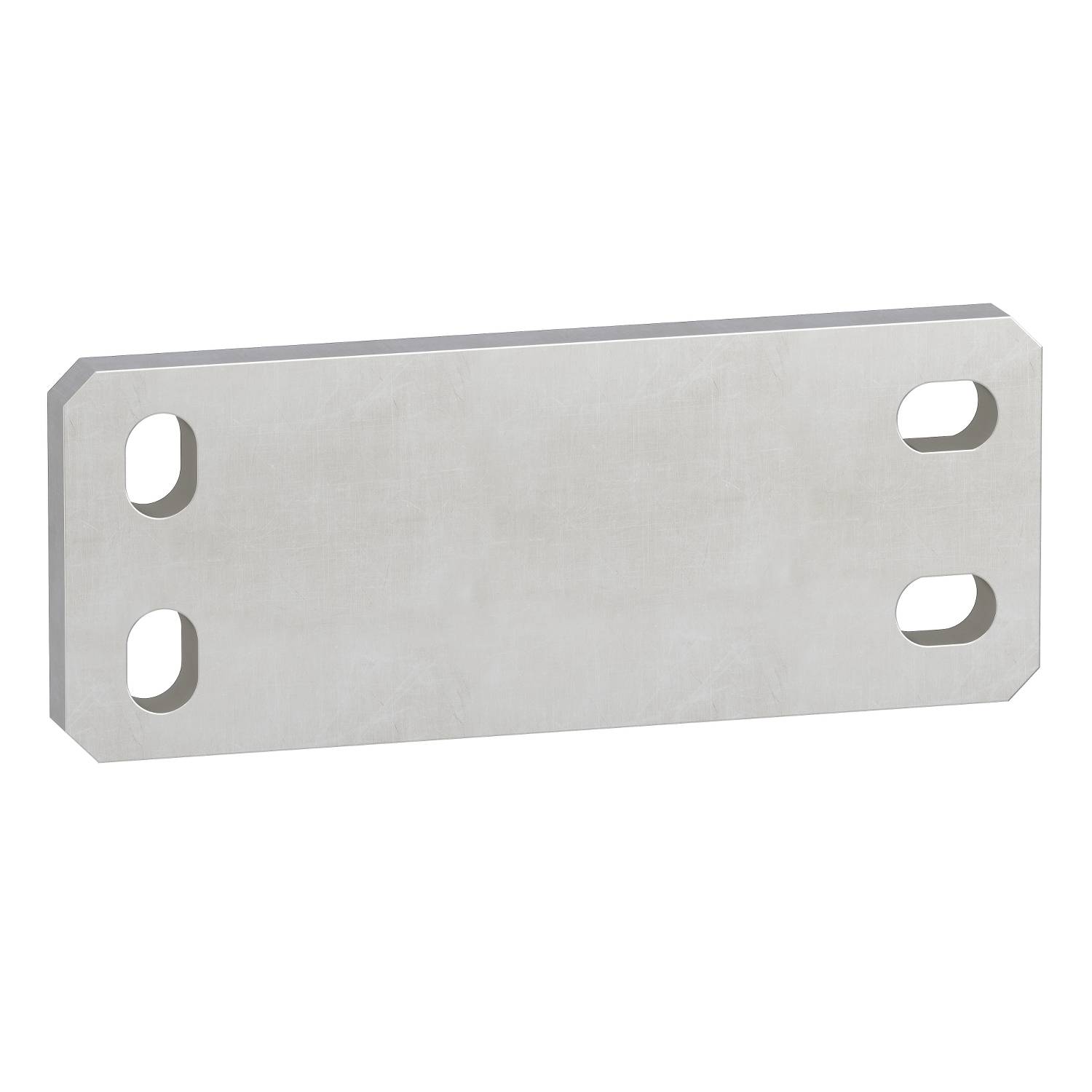 Metallplatte mit rechteckiger Form, zwei ovalen Löchern an den Ecken und zwei weiteren in der Mitte. Geeignet für Verbindungselemente.