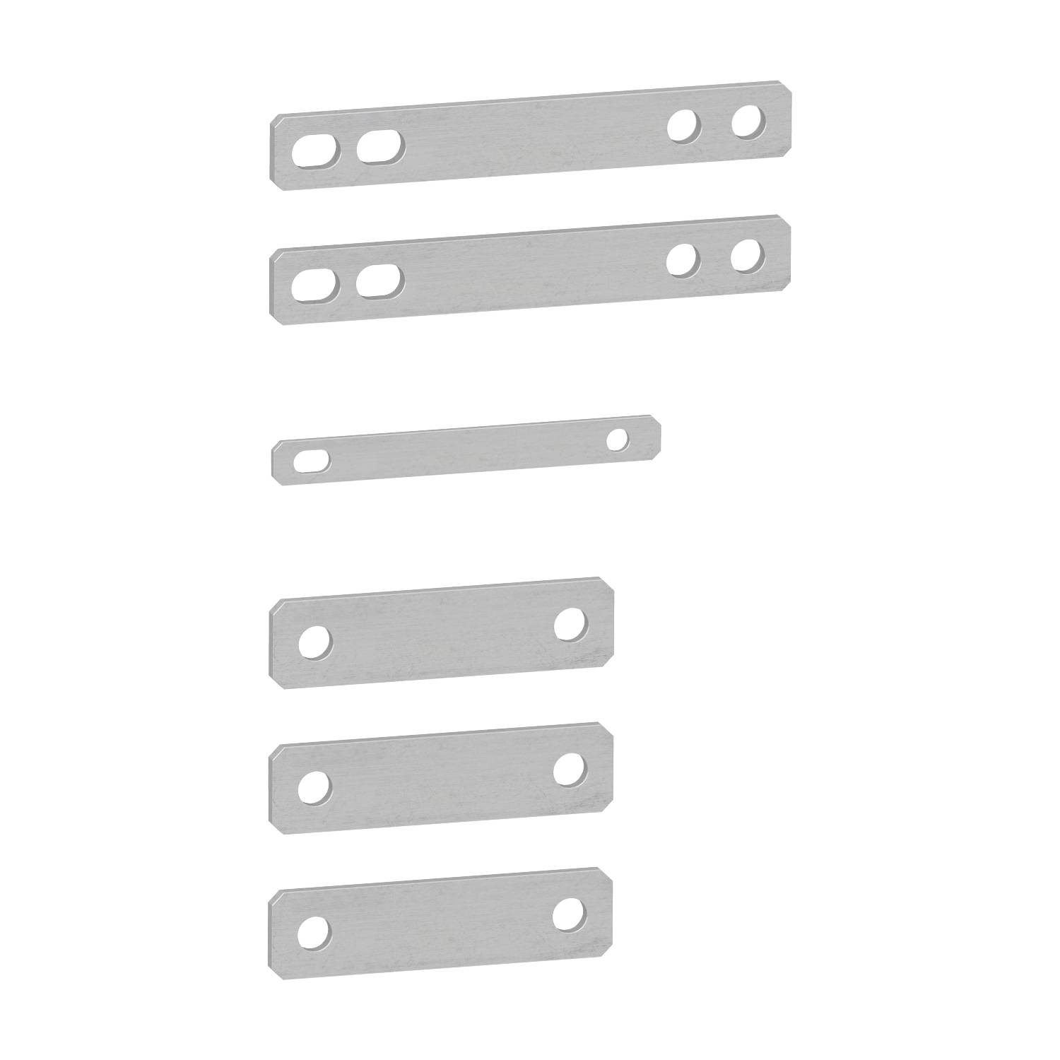 Metallplatten verschiedener Längen mit abgerundeten Ecken und Lochungen in unterschiedlichen Anordnungen.