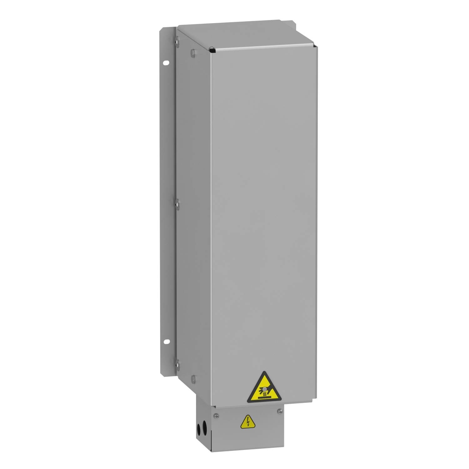 Metallisches Gehäuse mit Warnsymbol für elektrische Gefahr. Montagevorrichtung auf der linken Seite sichtbar.