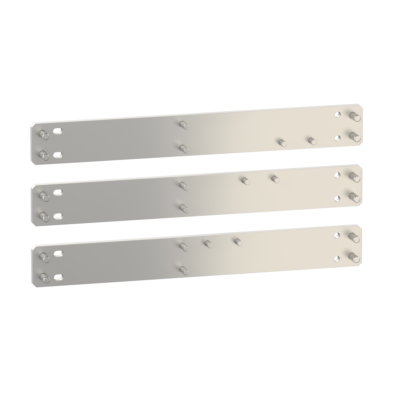 Drei silberne Metallstreifen mit Löchern an den Enden liegen parallel zueinander; geeignet für mechanische Verbindungen.