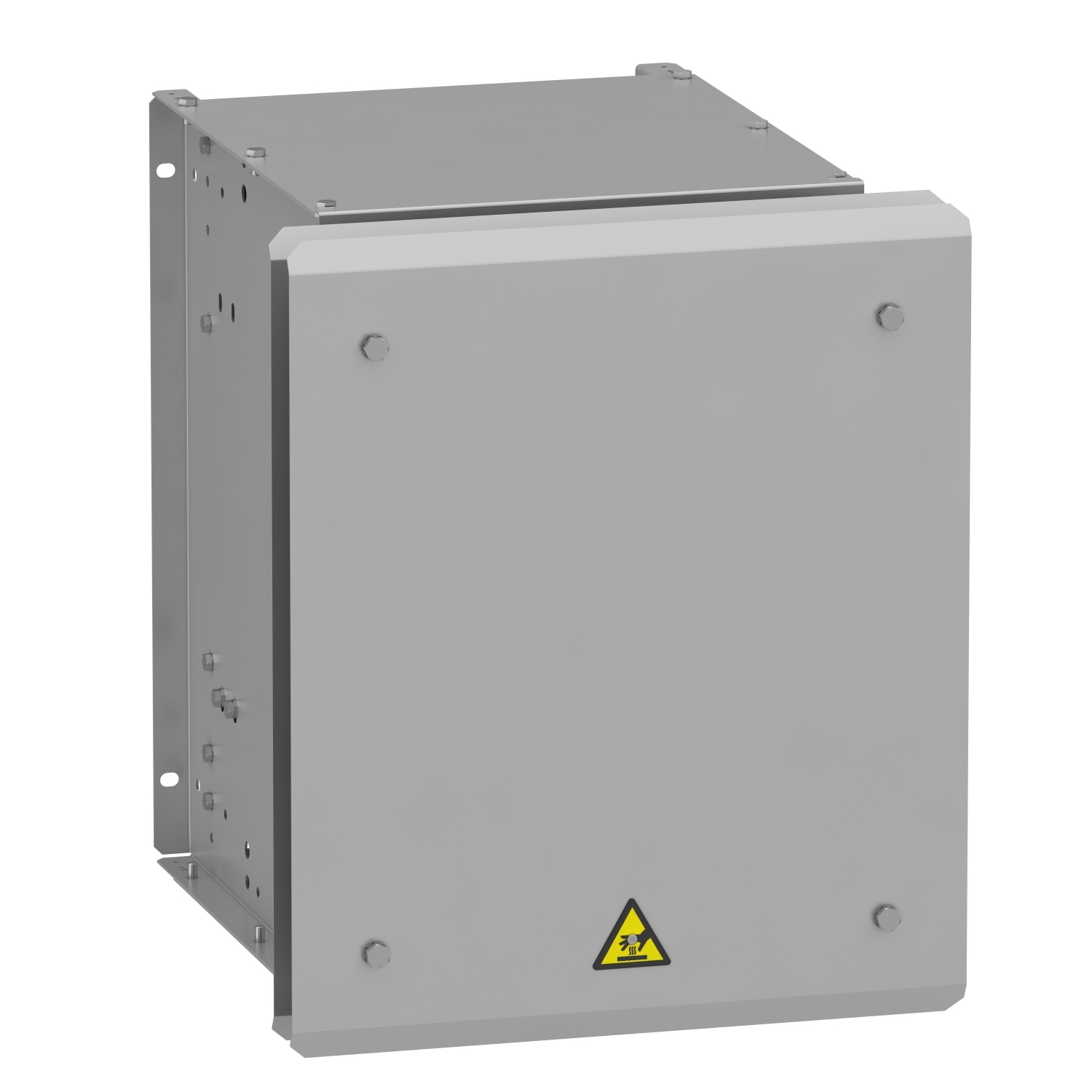 Graues elektrisches Gehäuse mit gelbem Warnsymbol an der Vorderseite, zeigt Hochspannung an.