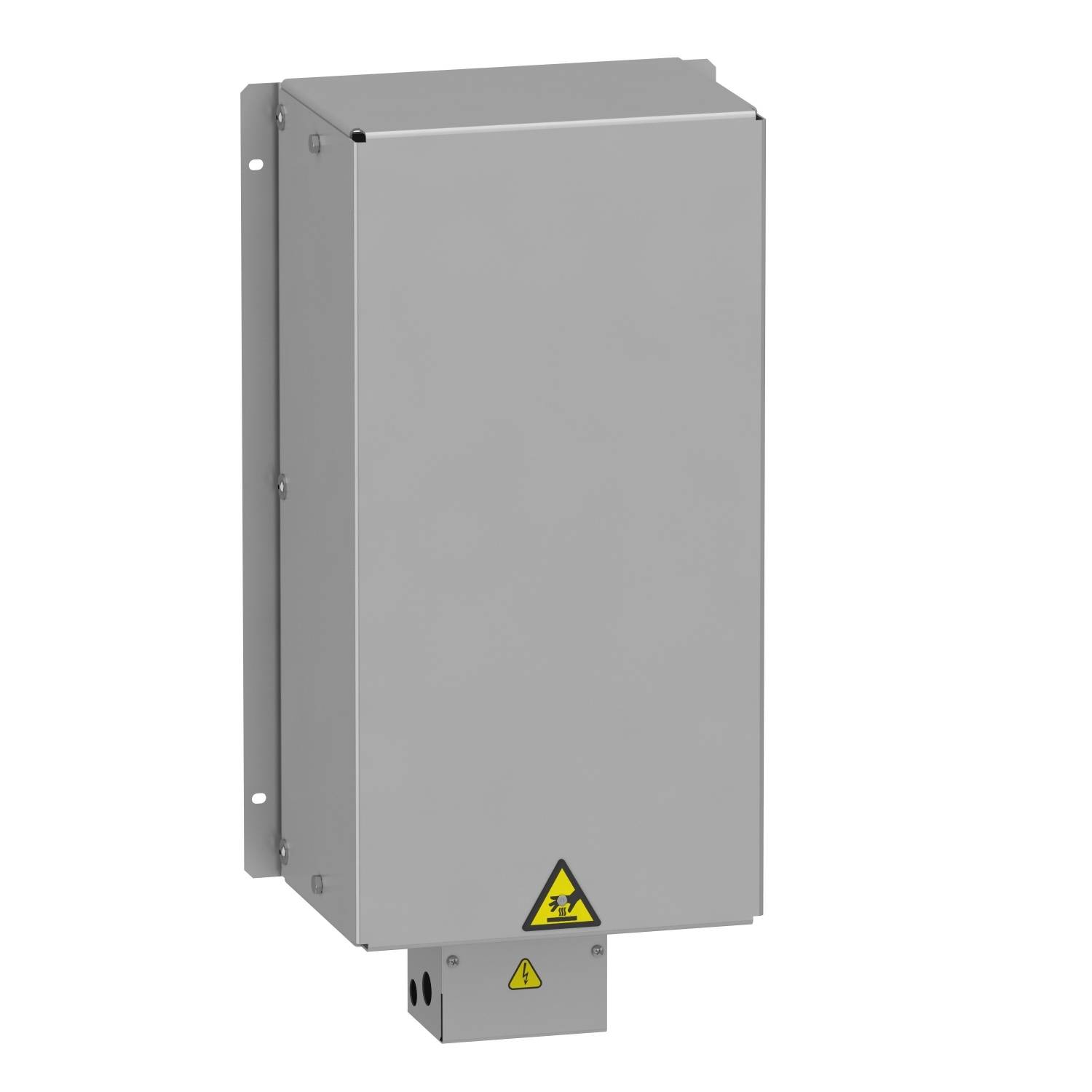 Grauer rechteckiger Metallkasten an der Wand montiert, mit Warnsymbol für elektrische Spannung unten.