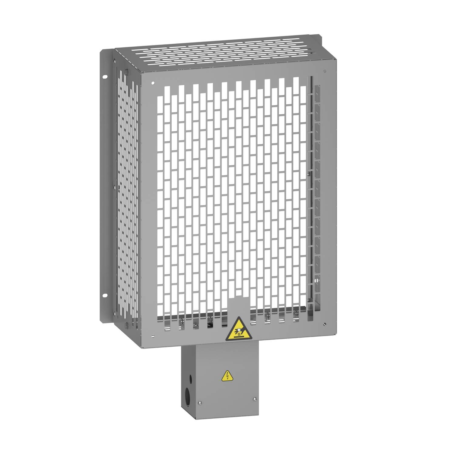 Ein rechteckiger Metallkegelheizer mit Lüftungsgitter und einem Warnsymbol, das elektrische Gefährdung anzeigt.