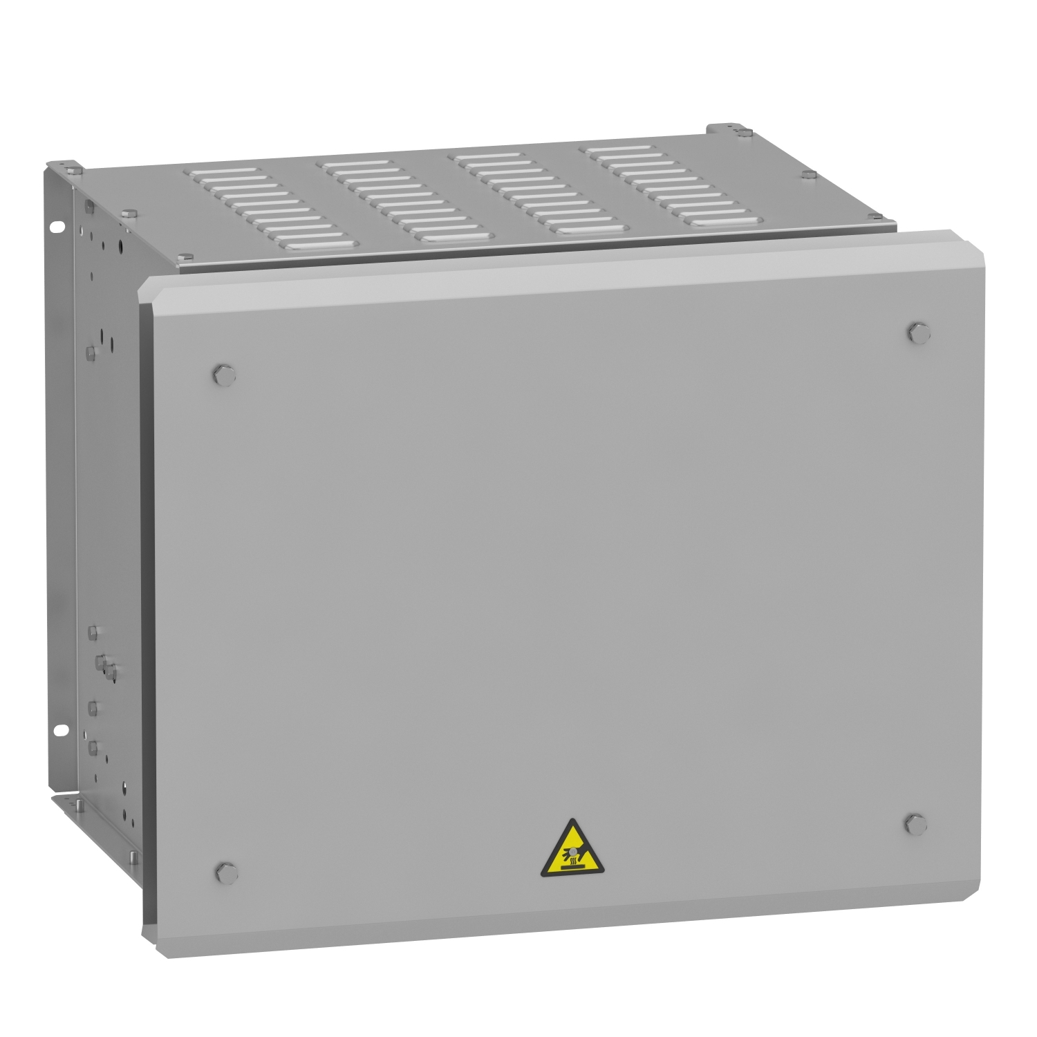 Metallisches graues Gehäuse mit Belüftungsschlitzen und Warnsymbol für hohe elektrische Spannung. Geeignet für industrielle Zwecke.