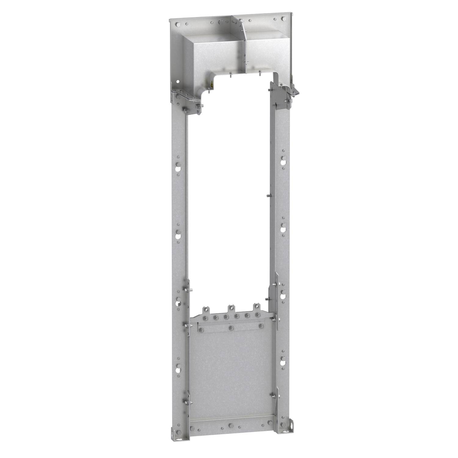 Mittig positioniertes, metallisches Rahmenbauelement mit mehreren Befestigungslöchern und rechteckiger Öffnung, möglicherweise für Türriegel.