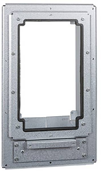 Metallrahmen einer Türöffnung, rechteckig, mit Schrauben an den Rändern. Eignung zur Befestigung in einer Wand oder Tür.