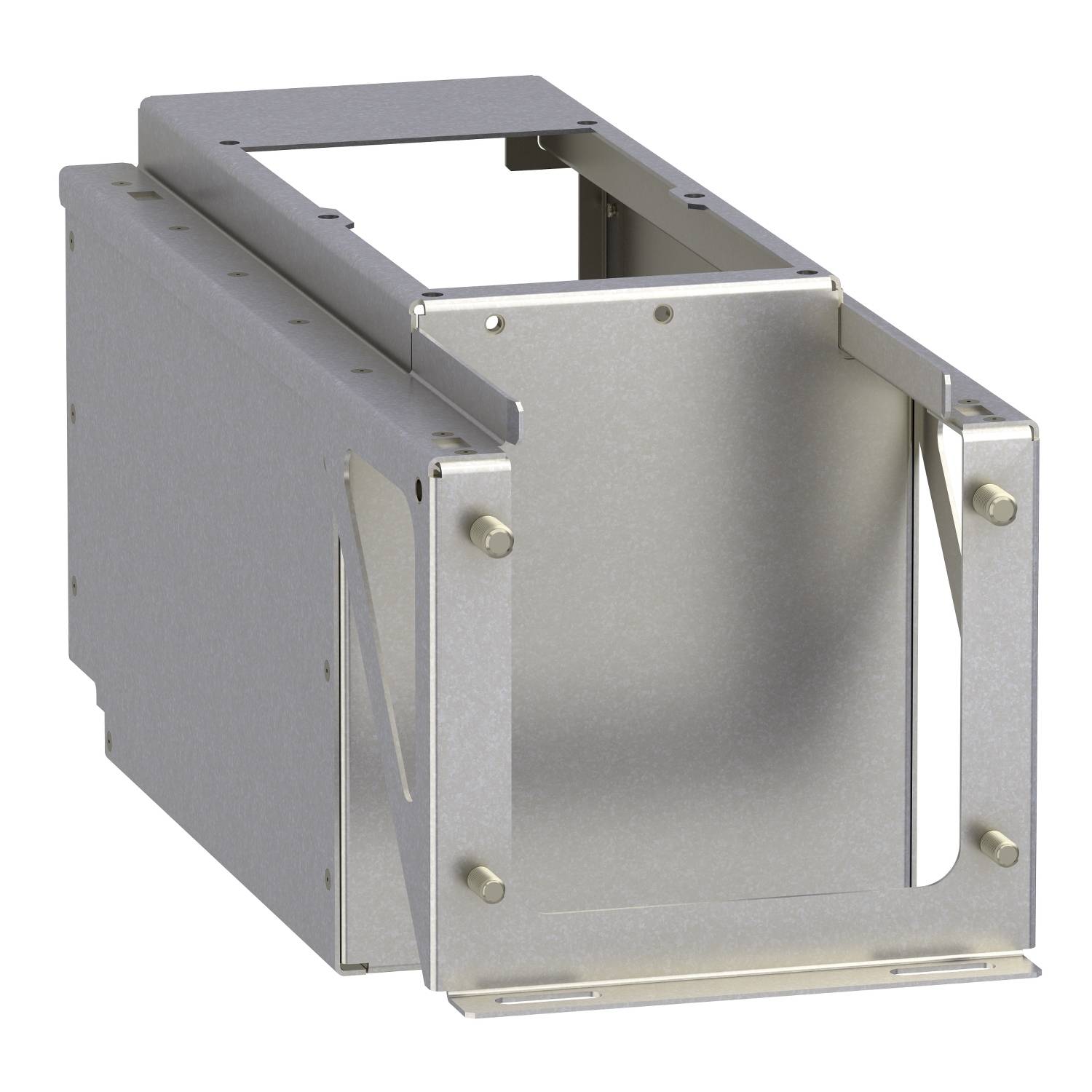 Metallrahmenkonstruktion, rechteckig und silberfarben, vermutlich ein Gehäuse oder ein Teil einer technischen Vorrichtung.