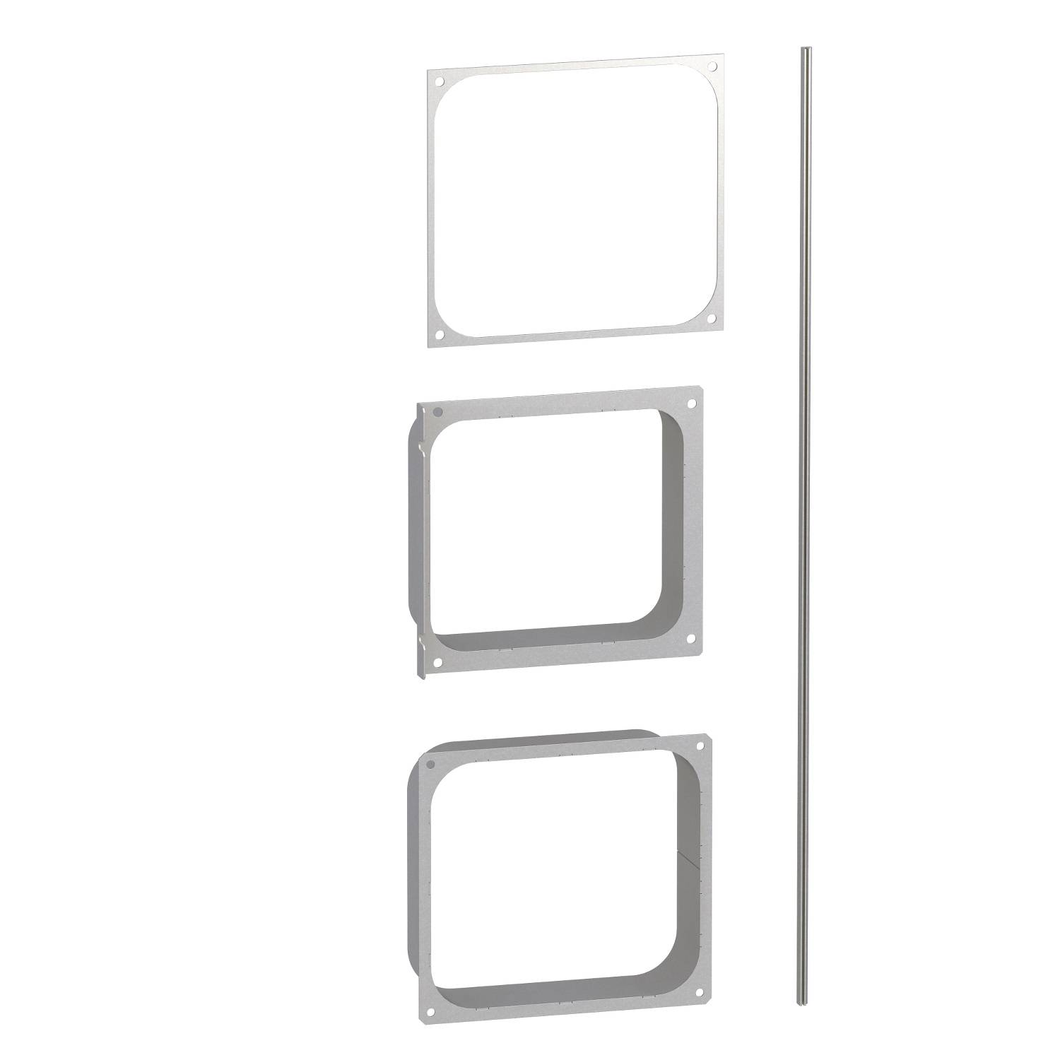 Metallische Rahmen- und Halterungsbauteile aus Edelstahl in verschiedenen Größen und Formen, nebeneinander positioniert.