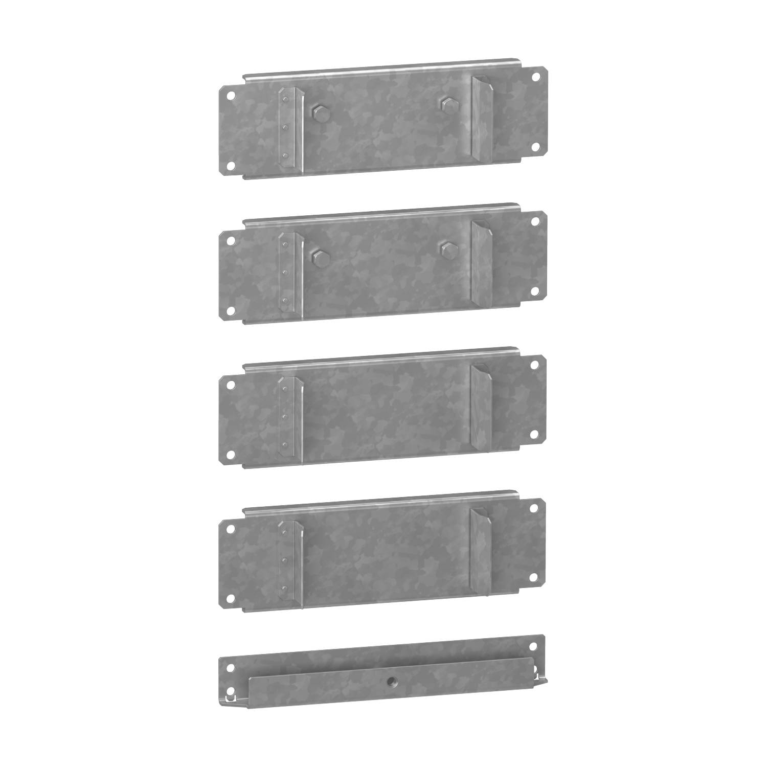 Fünf gestapelte Metallplatten in verschiedenen Größen, mit Lochungen an den Enden, vermutlich für bauliche oder technische Anwendungen.