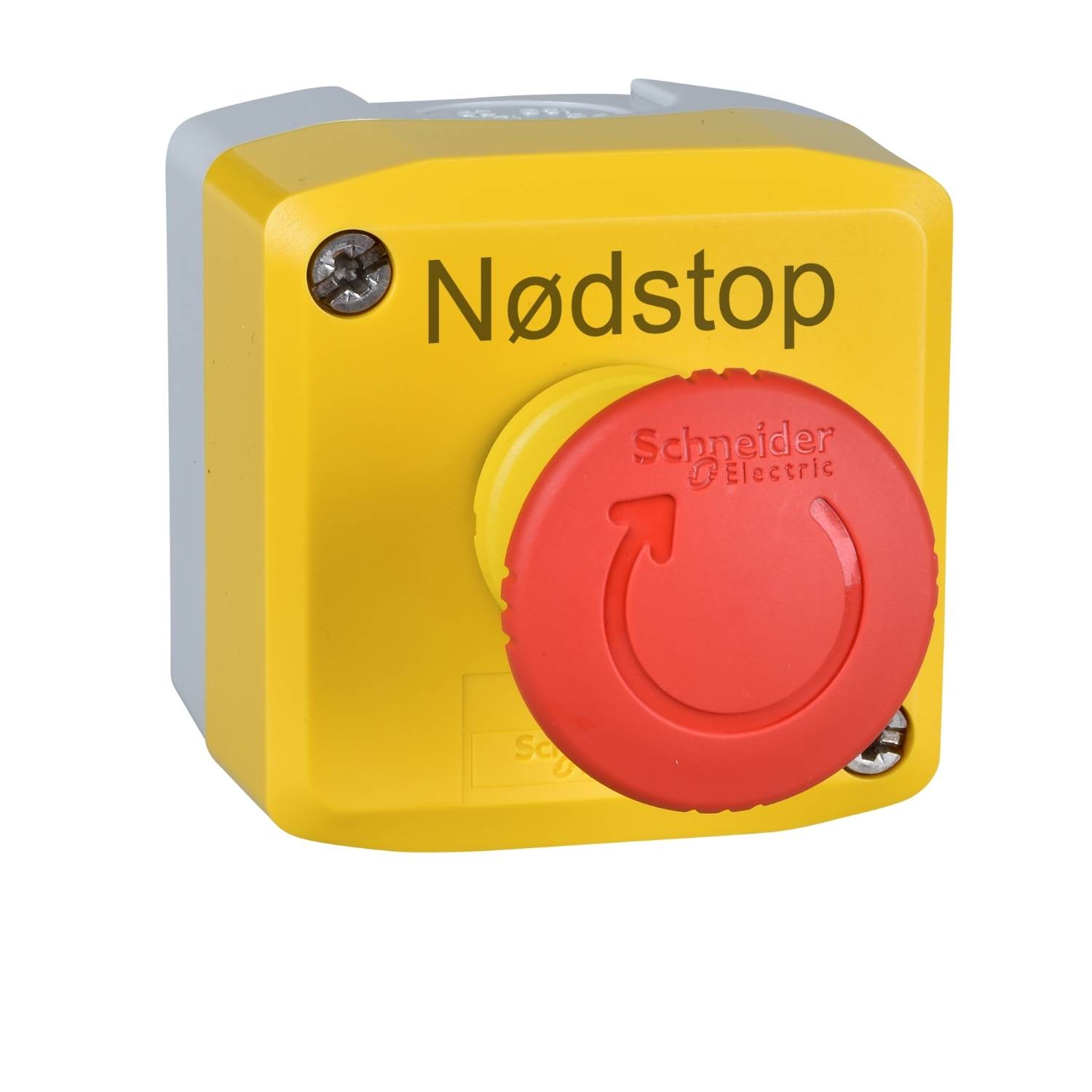 Gelber Not-Aus-Schalter mit rotem Knopf, beschriftet mit 'Nødstop' und dem Markennamen. Der Schalter dient zur Notabschaltung von Maschinen.