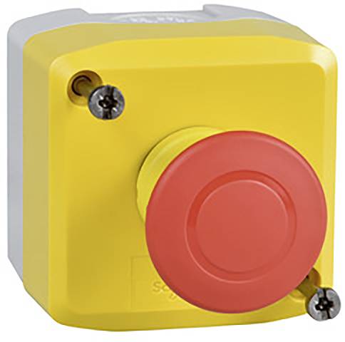 Ein gelber Not-Aus-Schalter mit rotem Knopf, montiert auf einer Wandbox. Er dient zum sofortigen Abschalten von Maschinen in Notfällen.