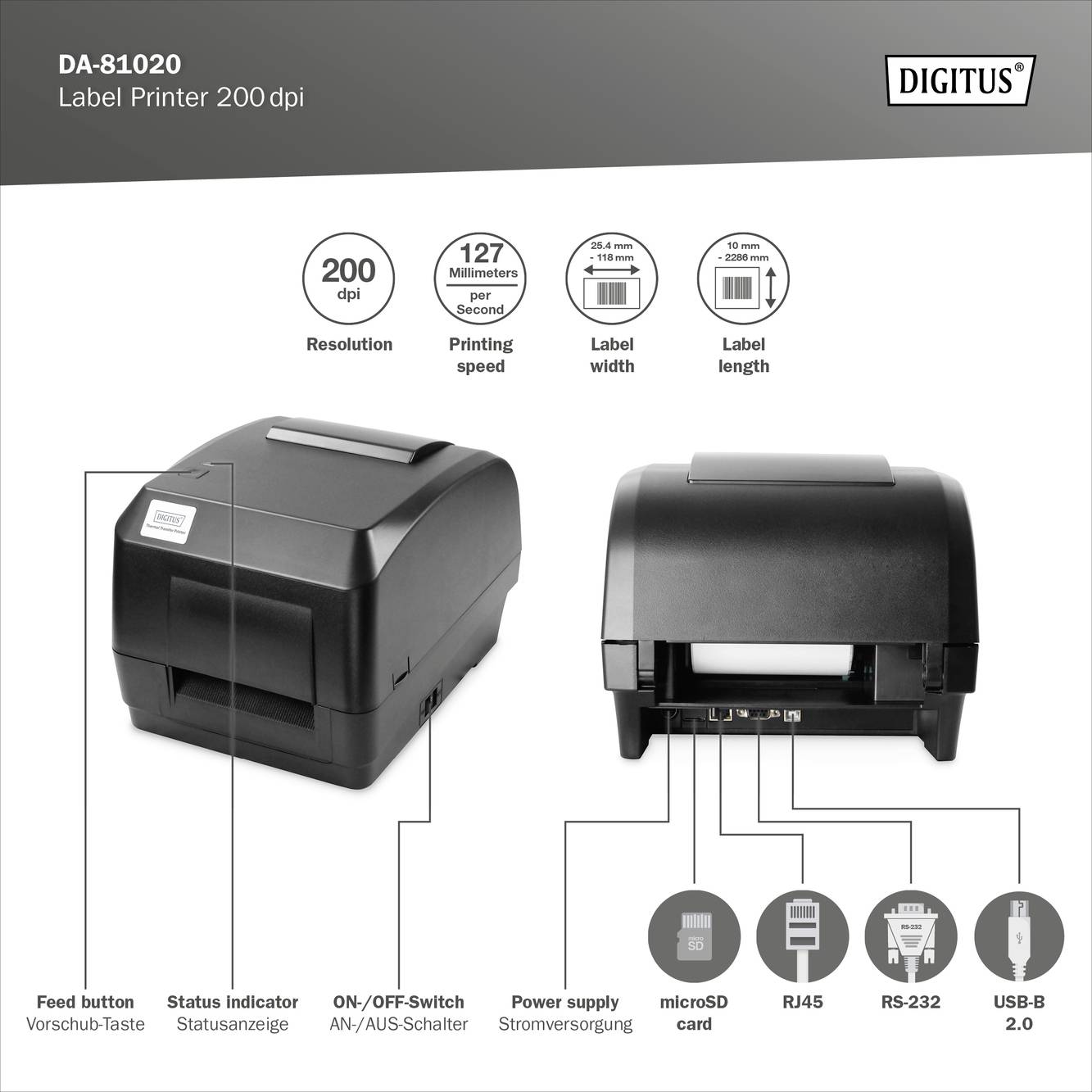 Digitus DA-81020 Etiketten-Drucker Direkt Wärme 203 x 200 dpi Etikettenbreite (max.): 108 mm LAN, RS-232, USB
