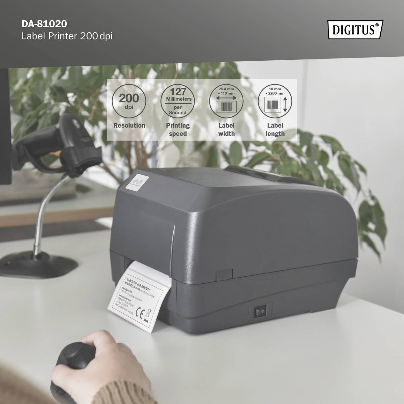 Digitus DA-81020 Etiketten-Drucker Direkt Wärme 203 x 200 dpi Etikettenbreite (max.): 108 mm LAN, RS-232, USB