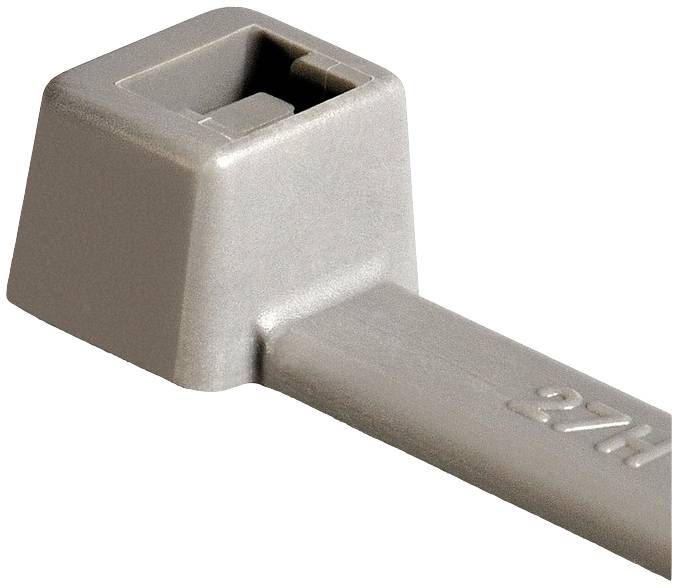 Kabelbinder in Nahaufnahme, silberfarben, mit rechteckigem Kopf und Zahnung zur Längenverstellung.
