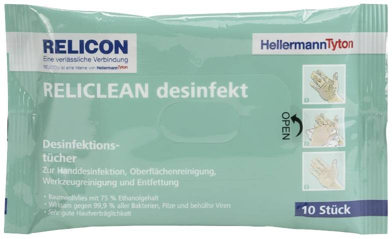 Packung RELICLEAN desinfekt Tücher. Für Handdesinfektion, Oberflächenreinigung und Werkzeugreinigung. Enthält 10 Stück.