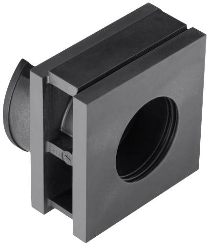 Ein schwarzer, rechteckiger Kunststoffadapter mit rundem Anschluss und einem Schlitz zur Befestigung, zeigt ein Hardware-Bauteil.