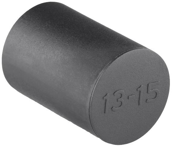 Zylindrischer Gegenstand mit der Prägung '13-15' auf der Oberseite, aus dunklem Material.