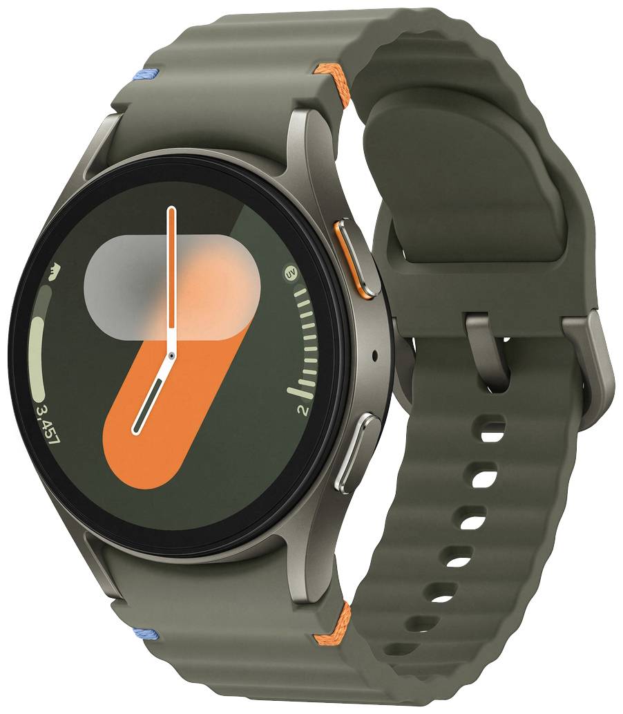 Eine grau-grüne Smartwatch mit rundem Zifferblatt und orangefarbenen Elementen. Sie zeigt eine stilisierte Uhrzeitdarstellung.