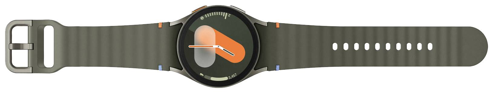 Eine Smartwatch mit dunkelgrünem Armband und rundem Zifferblatt zeigt die Uhrzeit in einem modernen Design mit einem orangefarbenen Zeiger.
