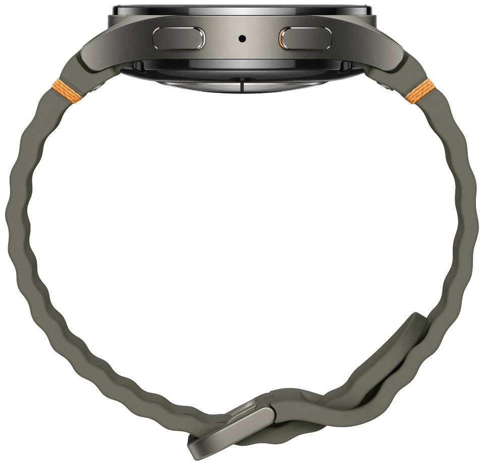 Eine Smartwatch mit einem grünen, gewellten Armband und einem schwarzen Zifferblatt. Sie ist von der Seite und leicht von oben zu sehen.