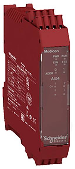 'Schneider Electric' Modicon Signalwandler in Rot, zeigt Statusanzeigen für Power und Run. 4 Inputs/Outputs mit zugehörigen LEDs.