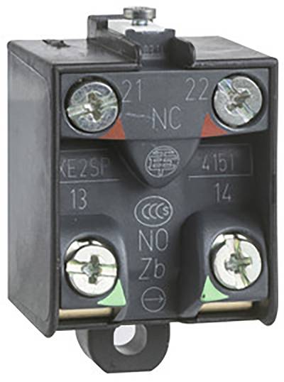 Schwarzer elektrischer Schalter mit vier Schraubanschlüssen und Markierungen 21, 22, 13, 14, 'NC', 'NO', geeignet für Steuerstromkreise.