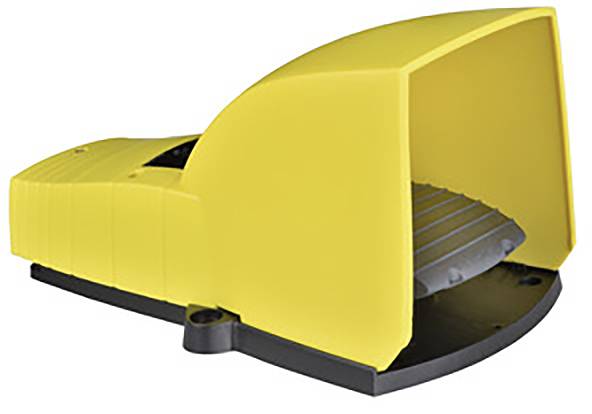 Ein gelbes, robustes Pedal mit Schutzvorrichtung, verwendet für industrielle Maschinenbedienung zur sicheren Steuerung und Betrieb.