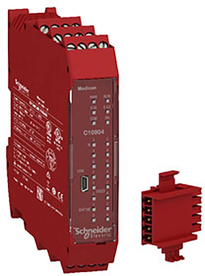 Ein rotes Modicon-Gerät von Schneider Electric mit mehreren Anschlüssen. Daneben liegt eine abnehmbare rote Komponente.