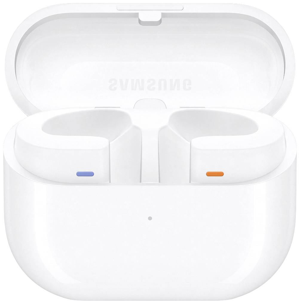 Weiße kabellose In-Ear-Kopfhörer in einem geöffneten Ladeetui, Vorderansicht.