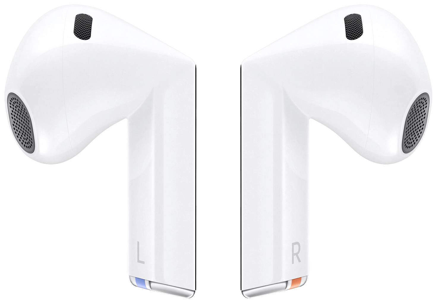 Weiße kabellose Ohrstöpsel, jeweils mit Buchstaben 'L' und 'R' markiert, für linkes und rechtes Ohr.