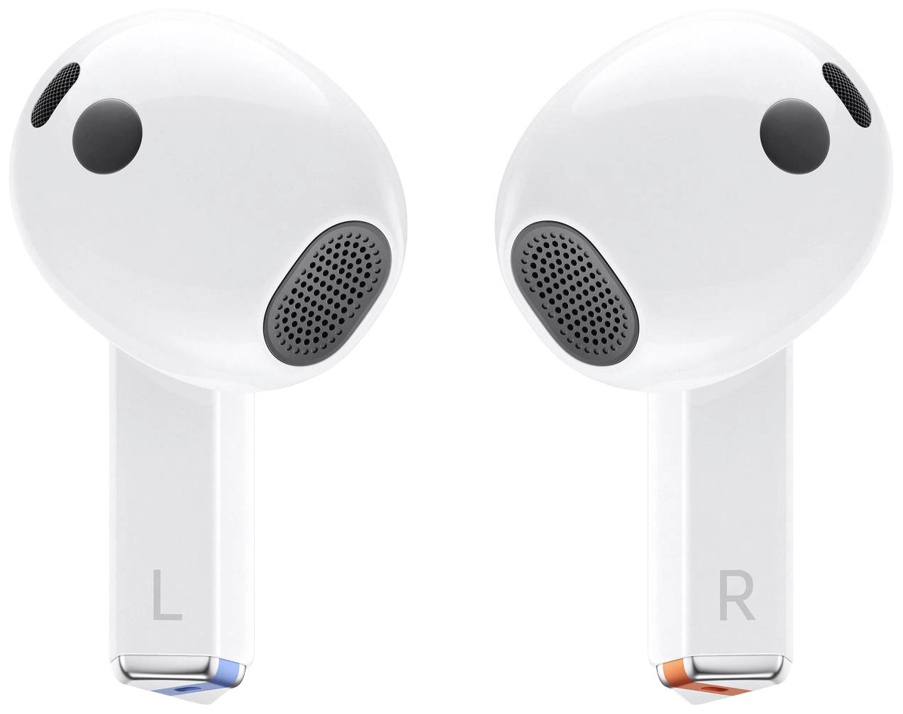 Weiße kabellose Ohrhörer mit Beschriftungen 'L' für links und 'R' für rechts; zeigen Lautsprechergitter und Sensoren.