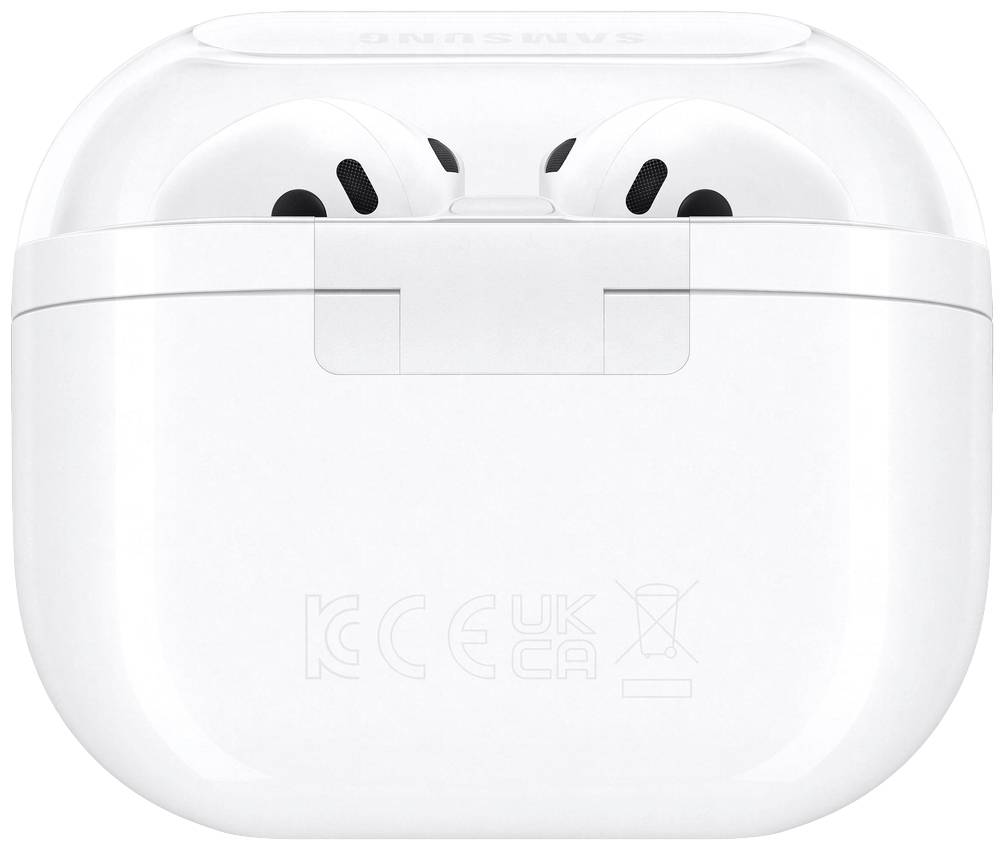 Weiße kabellose Ohrhörer in einer Ladehülle. Hülle mit klarer Oberseite zeigt die Ohrhörer; symmetrisch platziert.