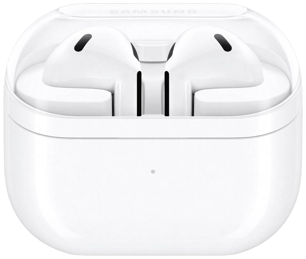 Weiße kabellose In-Ear-Kopfhörer in einer geöffneten Ladehülle.