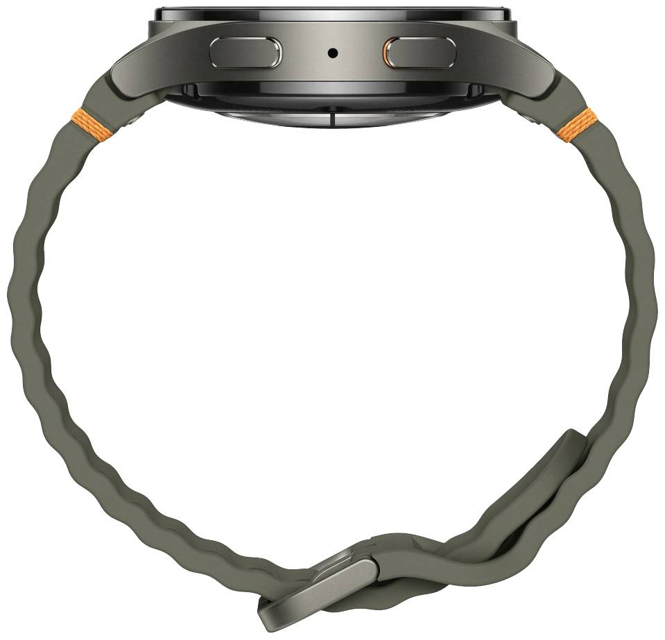 Eine Smartwatch mit robustem Gehäuse und grünem Armband, seitlich gesehen. Sie hat zwei sichtbare Tasten und ein wellenförmiges Armband.