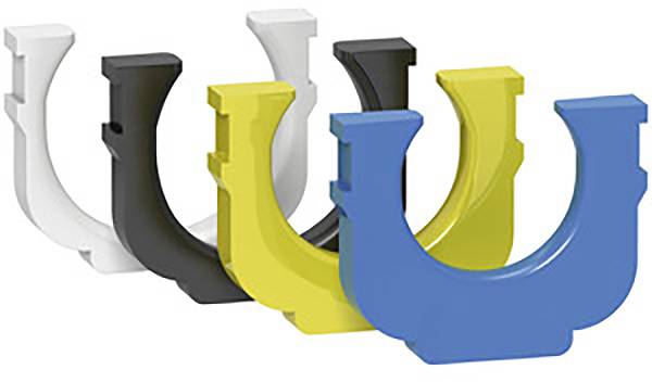 Fünf Hufeisenförmige Halterungen in Weiß, Schwarz, Gelb und Blau, nebeneinander in einer diagonalen Linie angeordnet.