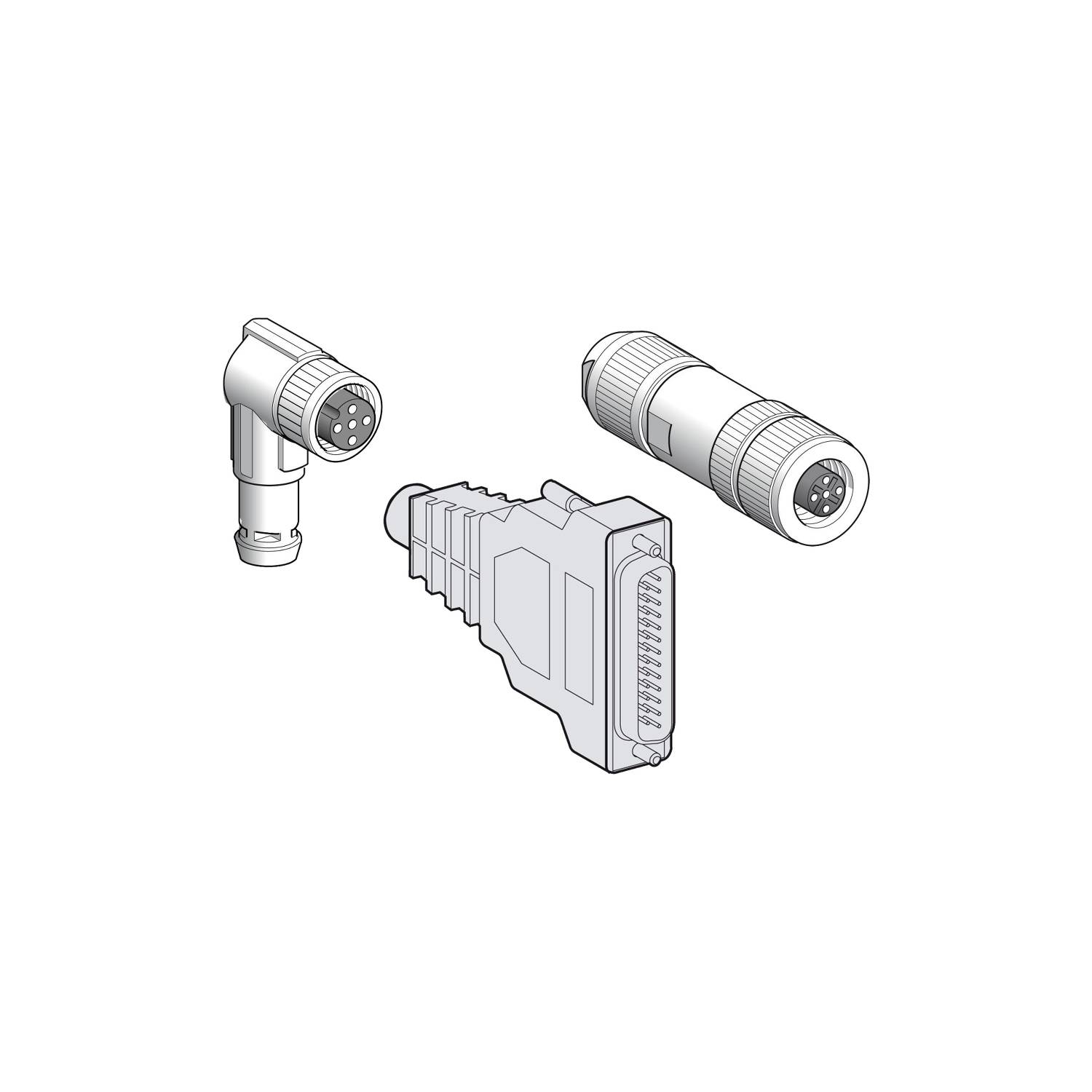 Drei verschiedene Stecker: oben links ein gewinkelter, oben rechts ein zylindrischer, unten ein rechteckiger Mehrpol-Stecker.