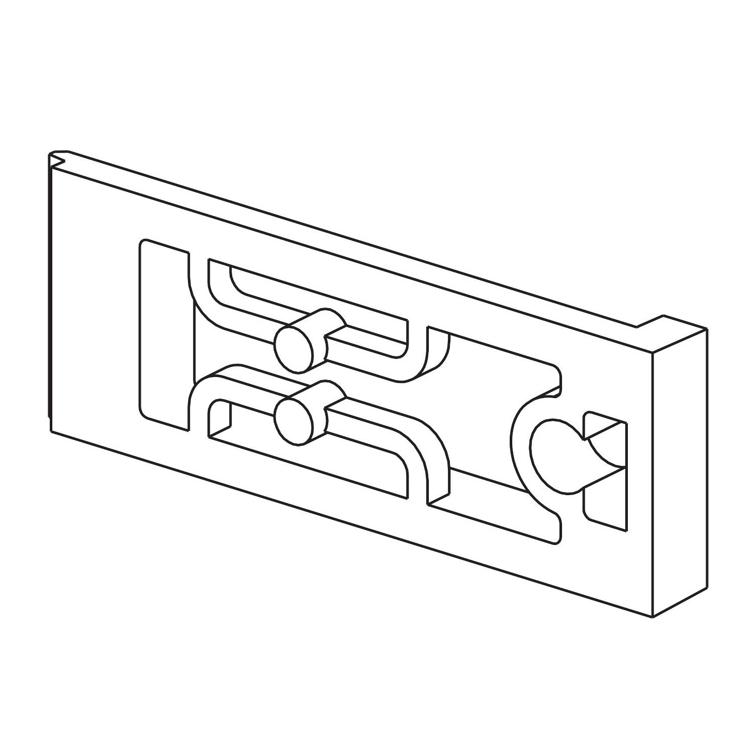 Technische Zeichnung eines rechtwinkligen Bauteils mit zwei kreisförmigen Erhebungen und geschwungenen Linien, die Verbindungen zeigen.