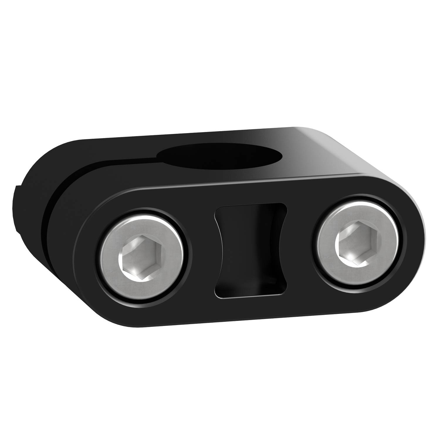 Schwarzes Fahrradteil mit zwei Schrauben und einer zentralen Öffnung, verwendet zur Verbindung von Bauteilen.