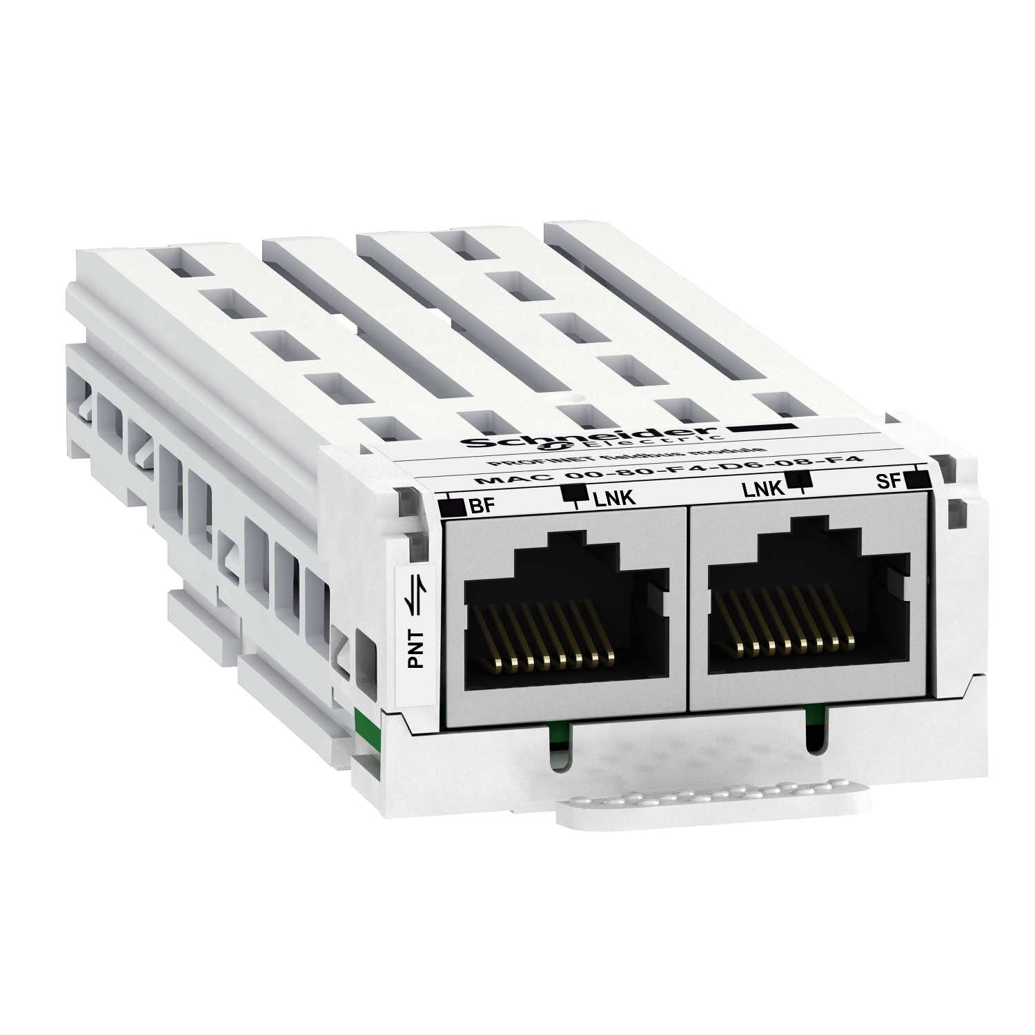 Ein Netzwerkmodul von Schneider Electric mit zwei Ethernet-Anschlüssen, gekennzeichnet mit 'BF', 'LNK' und 'SF', für industrielle Anwendungen.