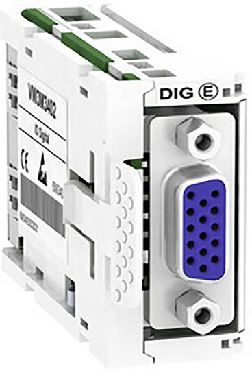 Ein weißes elektronisches Modul mit einem blauen VGA-Anschluss, markiert mit 'DIG E' auf der Oberseite, zeigt technisches Zubehör.