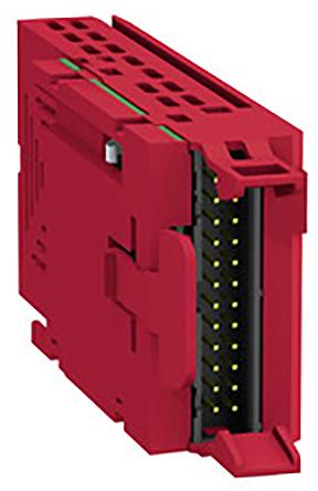 Rotes Steckmodul mit mehreren Anschlüssen, rechteckige Form, Seitenansicht.